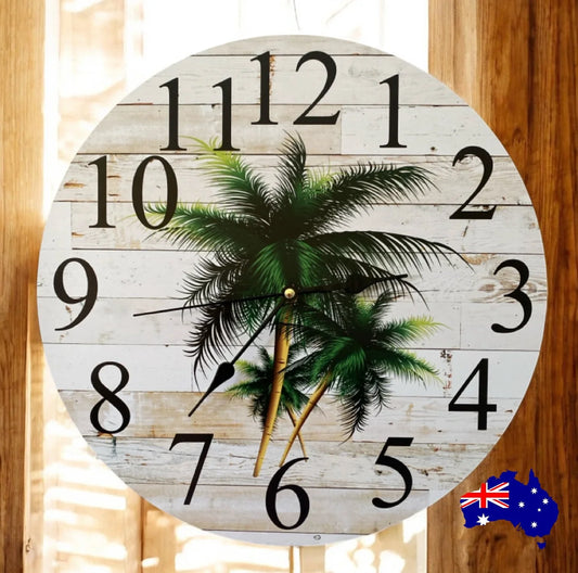 Clock Wall Palm Tree Beach Coastal 30cm 60cm Aussie Made - The Renmy Store Homewares & Gifts