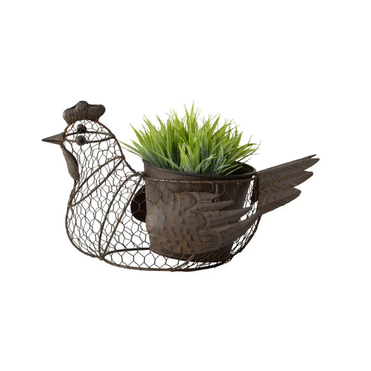 Planter Pot Chicken Hen Rustic Metal Country