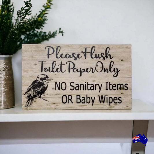 Flush Toilet Paper Only No Sanitary Baby Wipes Kookaburra Sign - The Renmy Store Homewares & Gifts