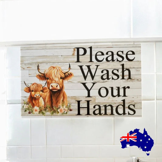 Wash Your Hands Highland Cow Farmhouse Bathroom Sign