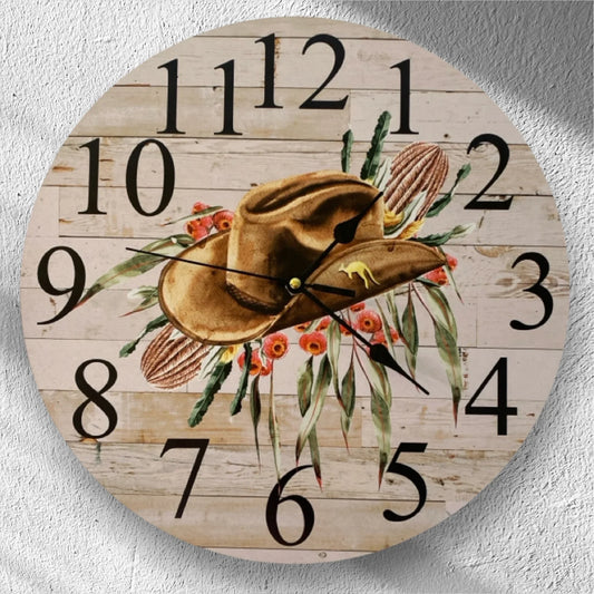 Clock Wall Outback Oz Iconic Hat Banksia 30cm or 60cm Aussie Made - The Renmy Store Homewares & Gifts