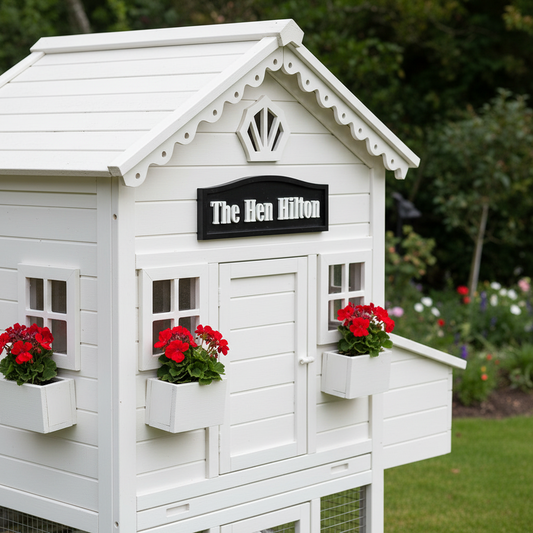 White chicken coop with 'The Hen Hilton' sign and flower boxes in a garden setting