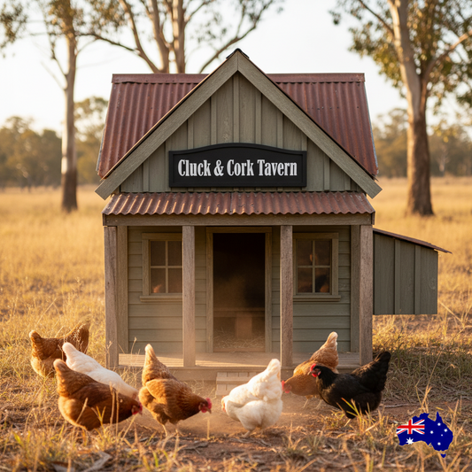 Chicken coop with 'Cluck & Cork Tavern' sign in a field, featuring an Australian flag.