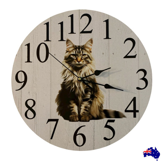Clock Wall Cat Maine Coon 30cm 60cm Aussie Made