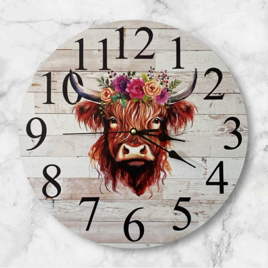 Clock Wall Cow Highland Floral Pink Purple 30cm or 60cm Aussie Made - The Renmy Store Homewares & Gifts