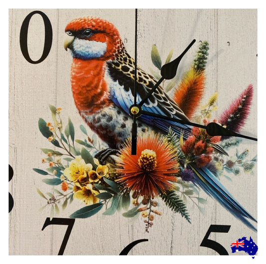 Clock Wall Rosella Bird Floral 30cm 60cm Aussie Made