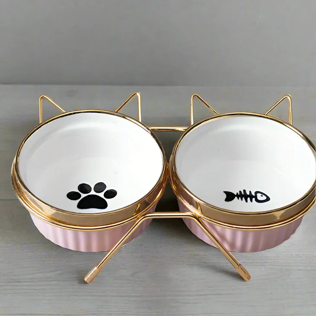 Cat Bowl with Stand Shabby Chic Gold Pink - The Renmy Store Homewares & Gifts