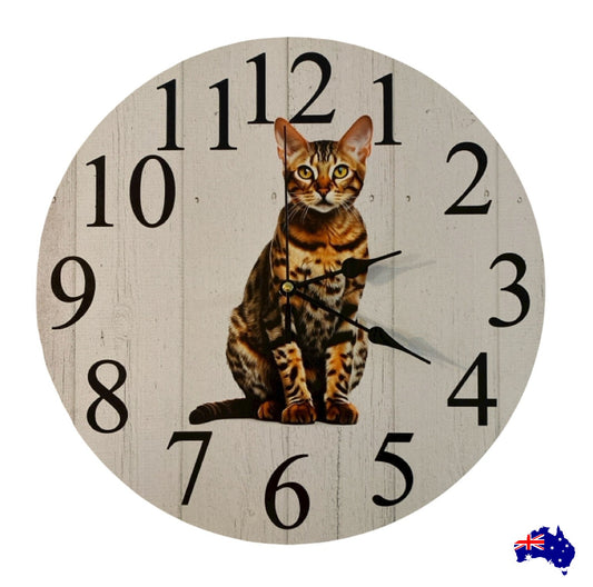 Clock Wall Bengal Cat 30cm 60cm Aussie Made