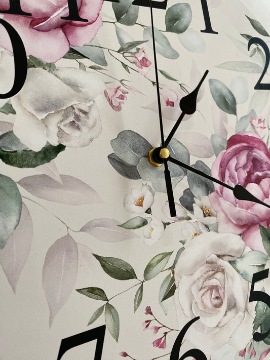 Pink White Rose Floral Wall Clock | Aussie Made 30cm & 60cm Silent Clock