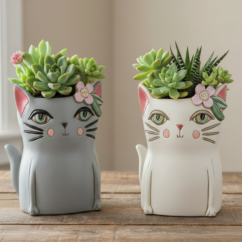 Cat Plant Pot or Pen Holder Resin Hand Painted - White or Grey Kitty 19x16cm