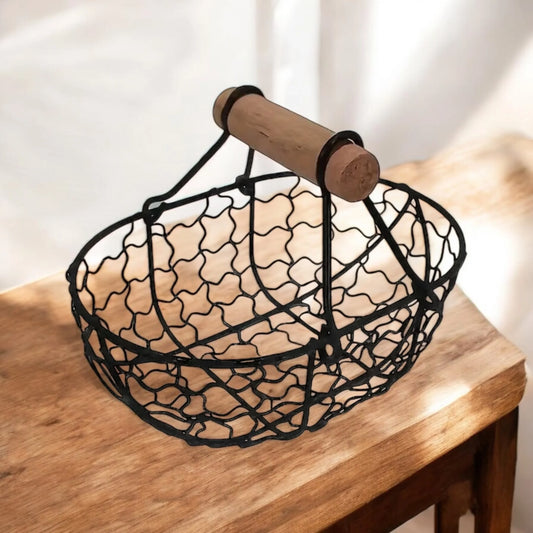 Basket Metal with Wood Handle Egg Storage Decoration