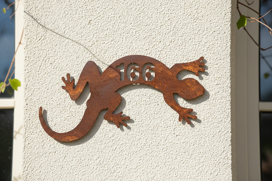 Custom Lizard Gecko House Number Coastal Sign - Personalised Rusty Metal Steel Sign - Australian Made