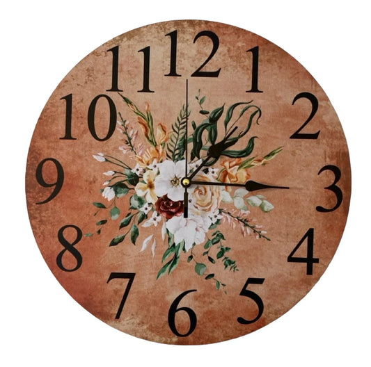 Clock Wall Floral Warm Flowers Country Cottage 30cm 60cm Aussie Made - The Renmy Store Homewares & Gifts