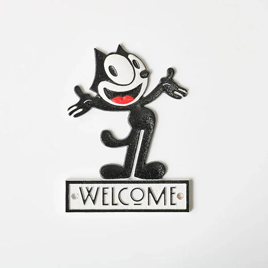 Cat Felix Black White Cast Iron Wall Welcome Sign