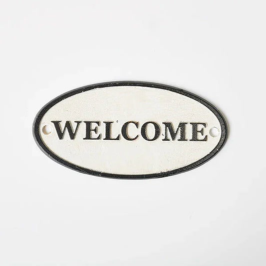Welcome Vintage Antique Black White Cast Iron Wall Sign