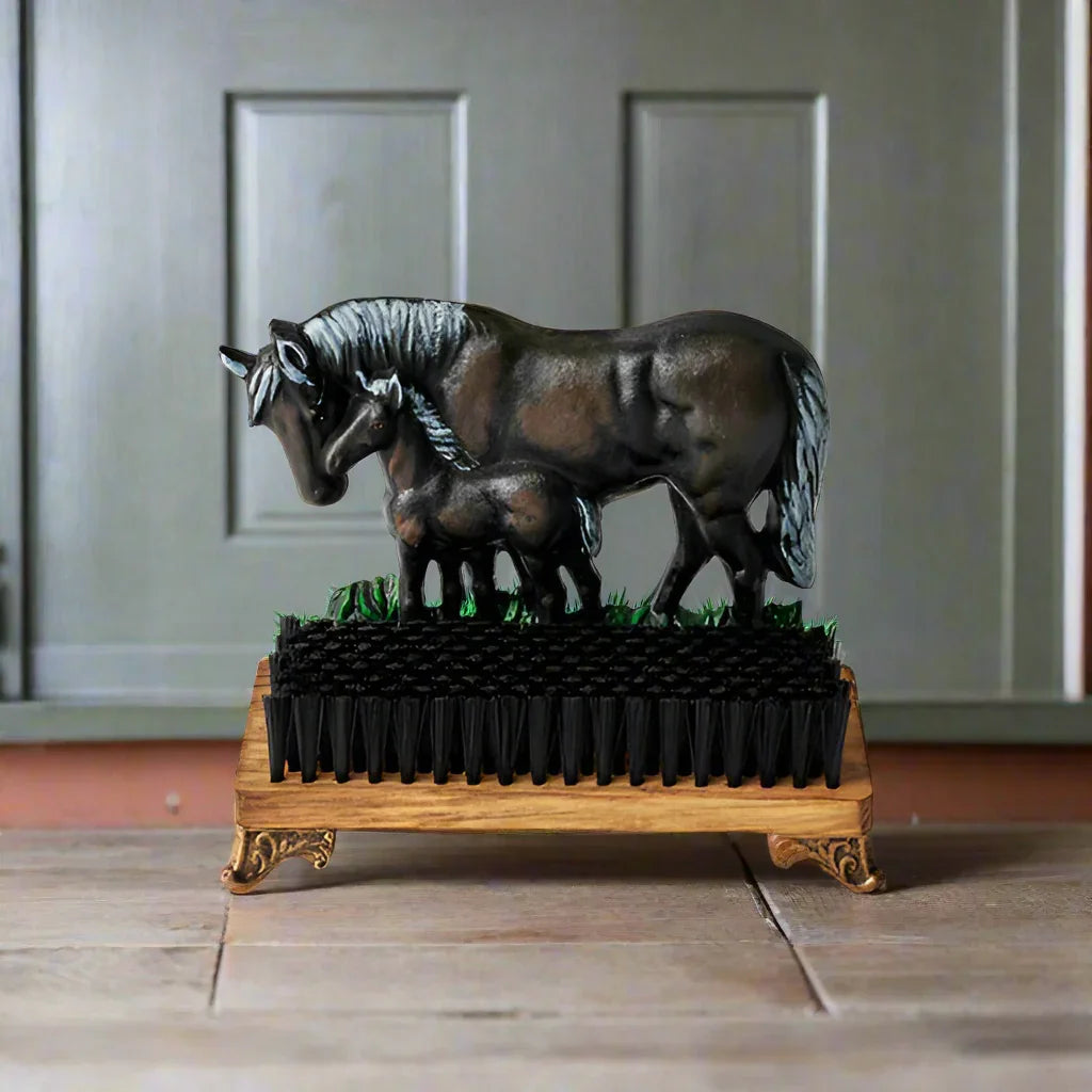 Cast Iron Horse & Foal Shoe Scraper | Country Farmhouse Boot Scraper with Brush