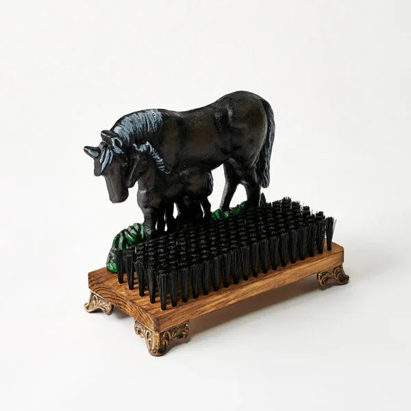 Cast Iron Horse & Foal Shoe Scraper | Country Farmhouse Boot Scraper with Brush