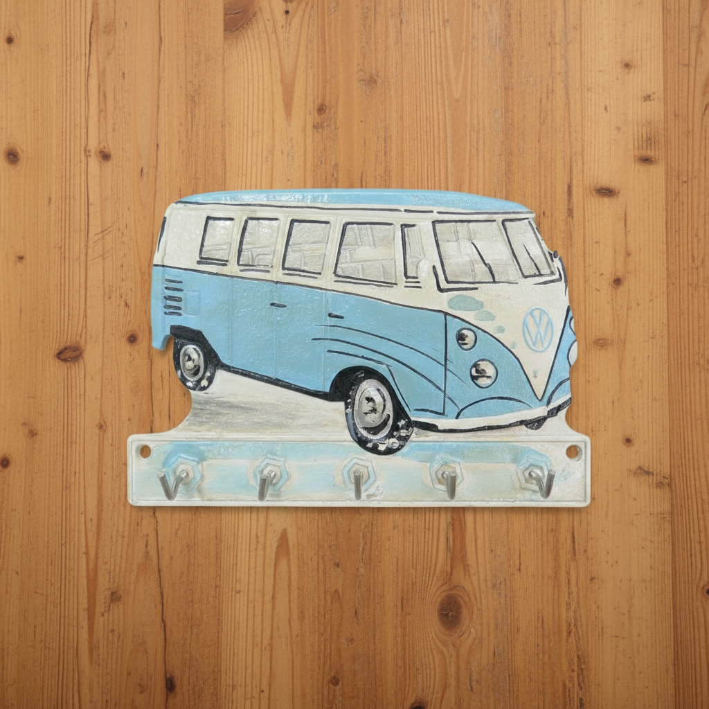 VW Kombi Van Blue Cast Iron Key Hook Rack 22cm | Retro Coastal Decor