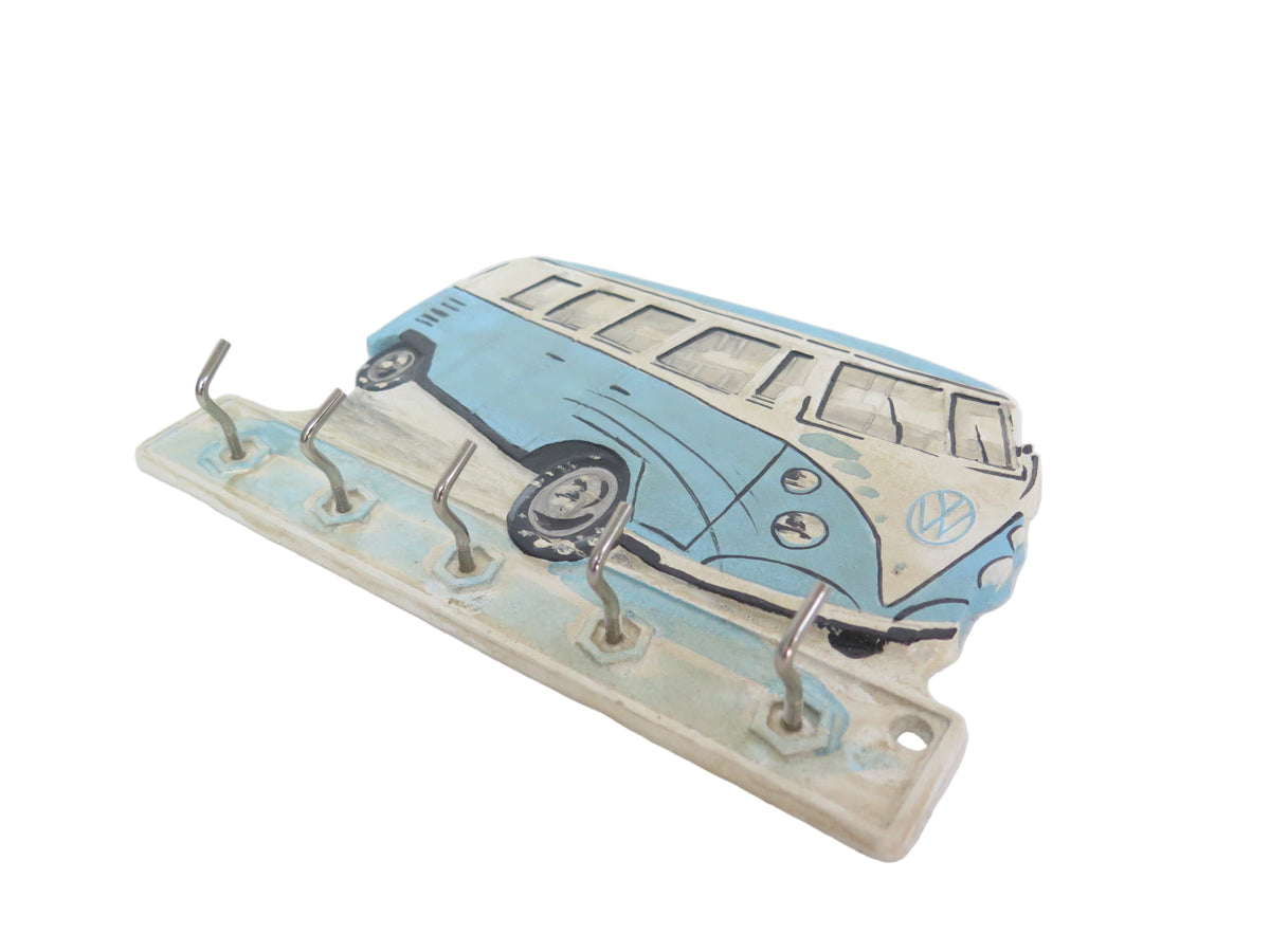 VW Kombi Van Blue Cast Iron Key Hook Rack 22cm | Retro Coastal Decor