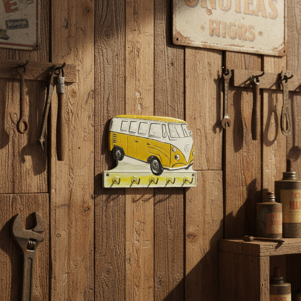 VW Kombi Van Yellow Cast Iron Key Hook Rack 22cm | Retro Coastal Decor