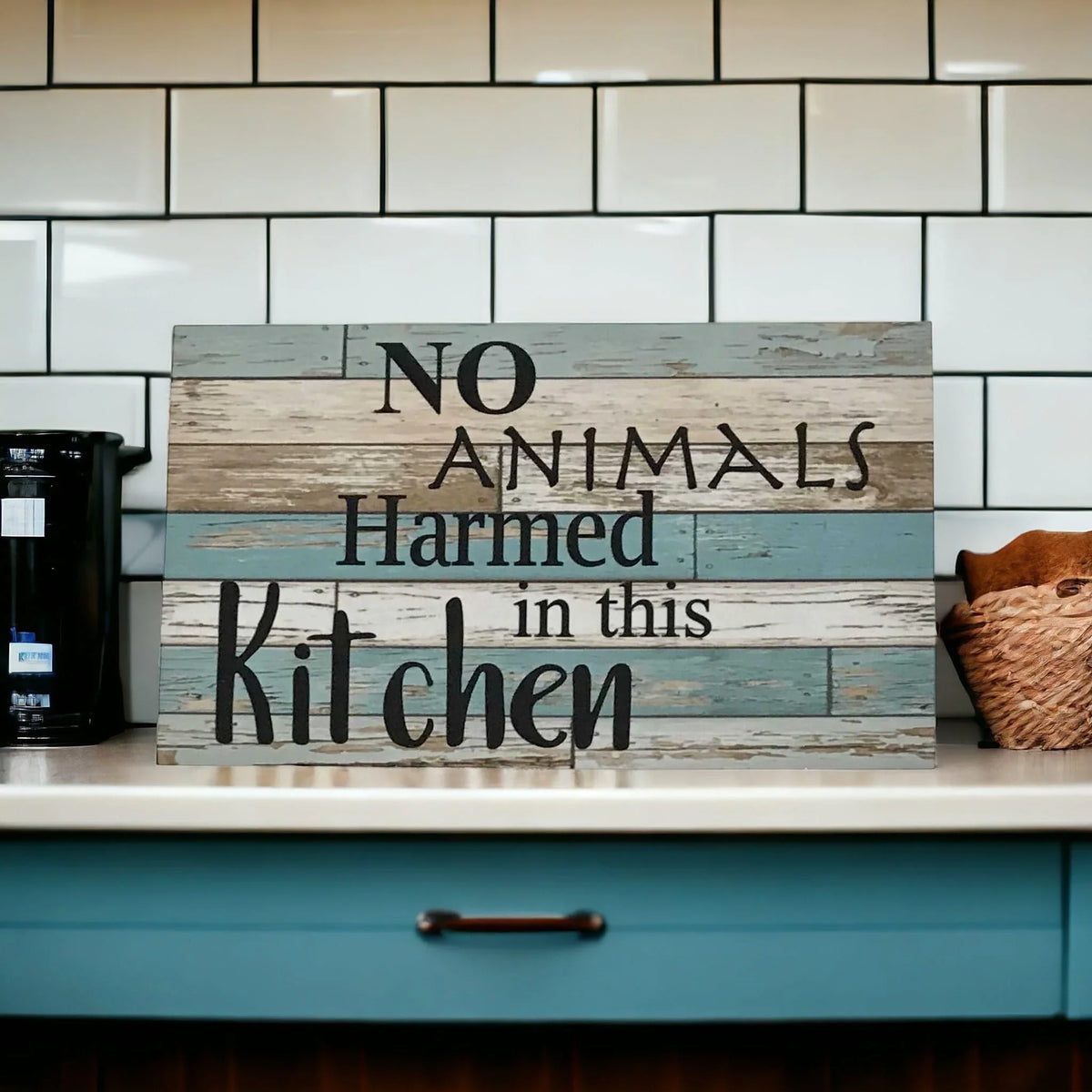 No Animals Harmed In This Kitchen Vegan Vegetarian Blue Sign - The Renmy Store Homewares & Gifts