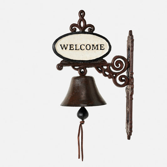 Decorative wall-mounted bell with 'WELCOME' sign on a white background
