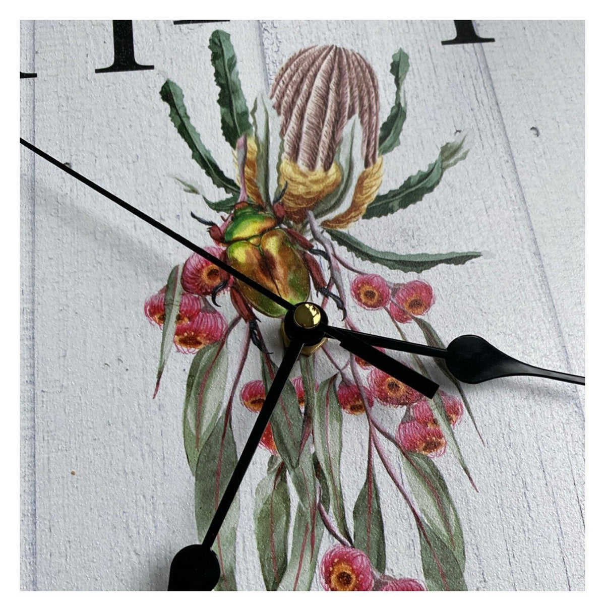 Clock Wall Banksia Gum Flowers Beetle 30cm or 60cm Aussie Made - The Renmy Store Homewares & Gifts