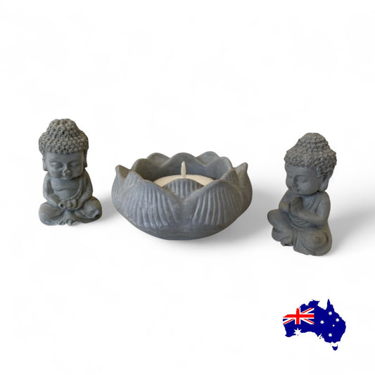 Buddha Set with Lotus Candle Holder Aussie Handmade Concrete