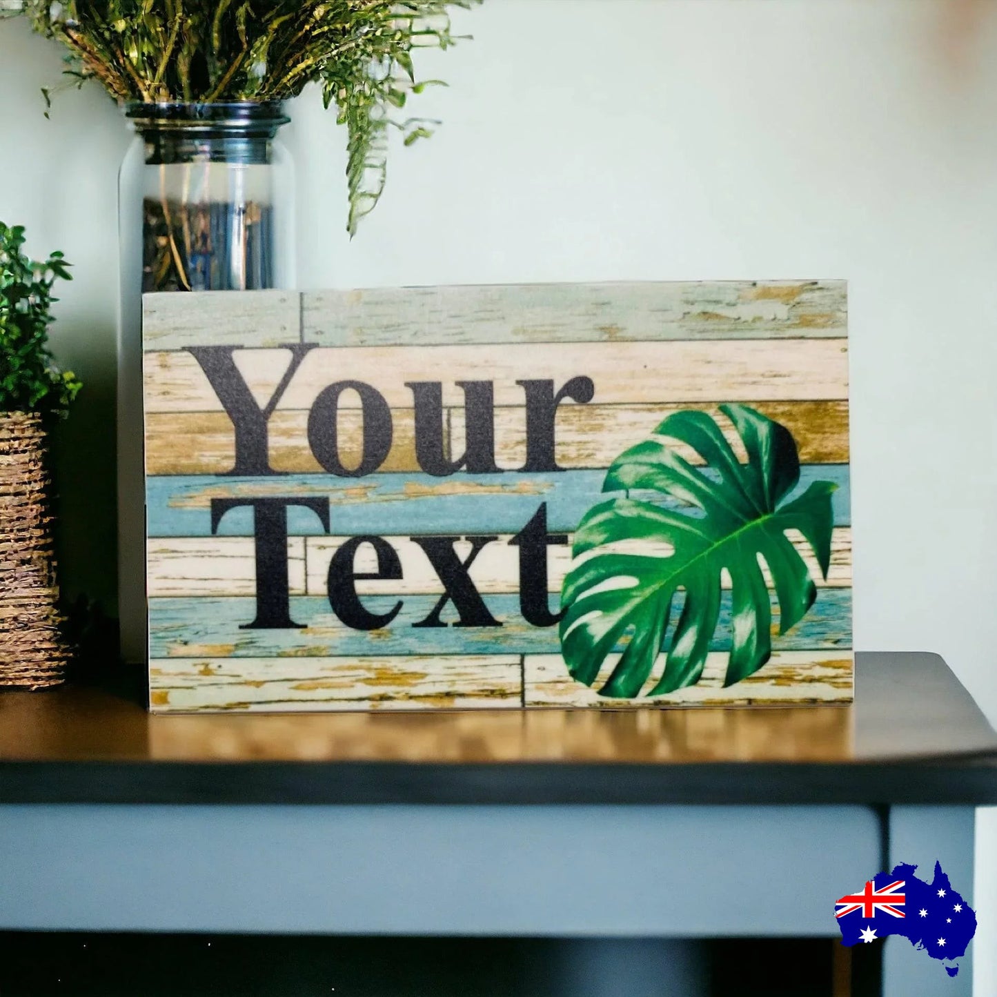 Monstera Leaf Custom Personalised Blue Sign - The Renmy Store Homewares & Gifts