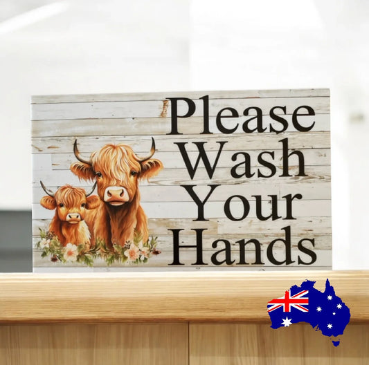 Wash Your Hands Highland Cow Farmhouse Bathroom Sign