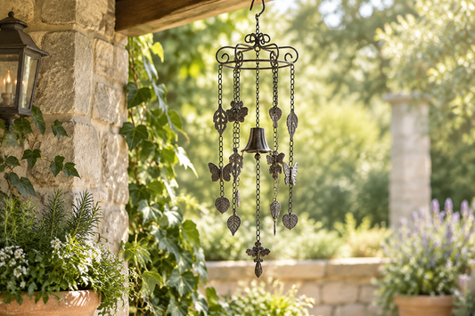 65cm leaf-and-butterfly wind chime by a veranda