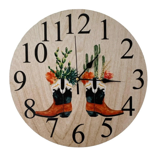 Clock Wall Western Country Boots Cactus Floral Aussie Made - The Renmy Store Homewares & Gifts