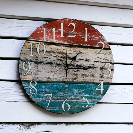 Clock Wall Rustic Red White Blue Timber 30cm 60cm Aussie Made - The Renmy Store Homewares & Gifts