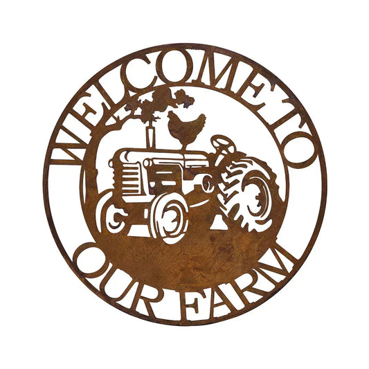 Welcome To Our Farm Chicken Tractor Wall Art Metal Sign