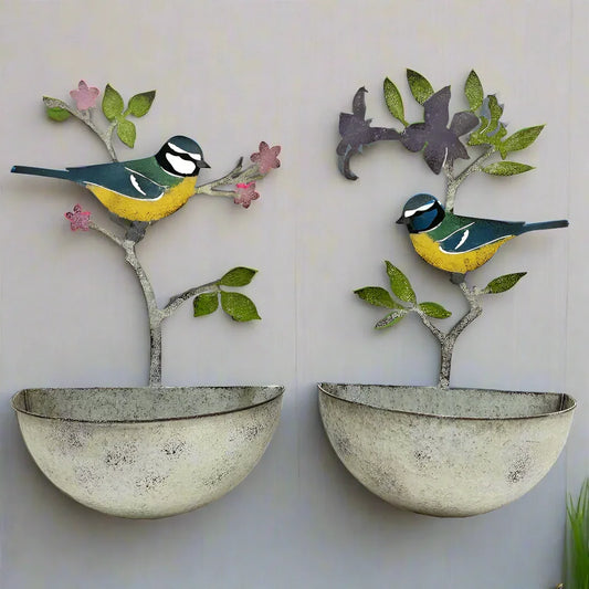 Planter Pot Bird Wall Rustic Set of 2