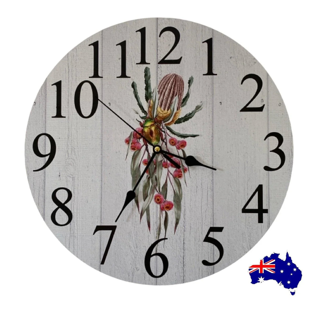 Clock Wall Banksia Gum Flowers Beetle 30cm or 60cm Aussie Made - The Renmy Store Homewares & Gifts
