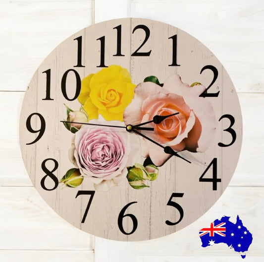 Clock Wall Cottage Roses 30cm or 60cm Aussie Made - The Renmy Store Homewares & Gifts