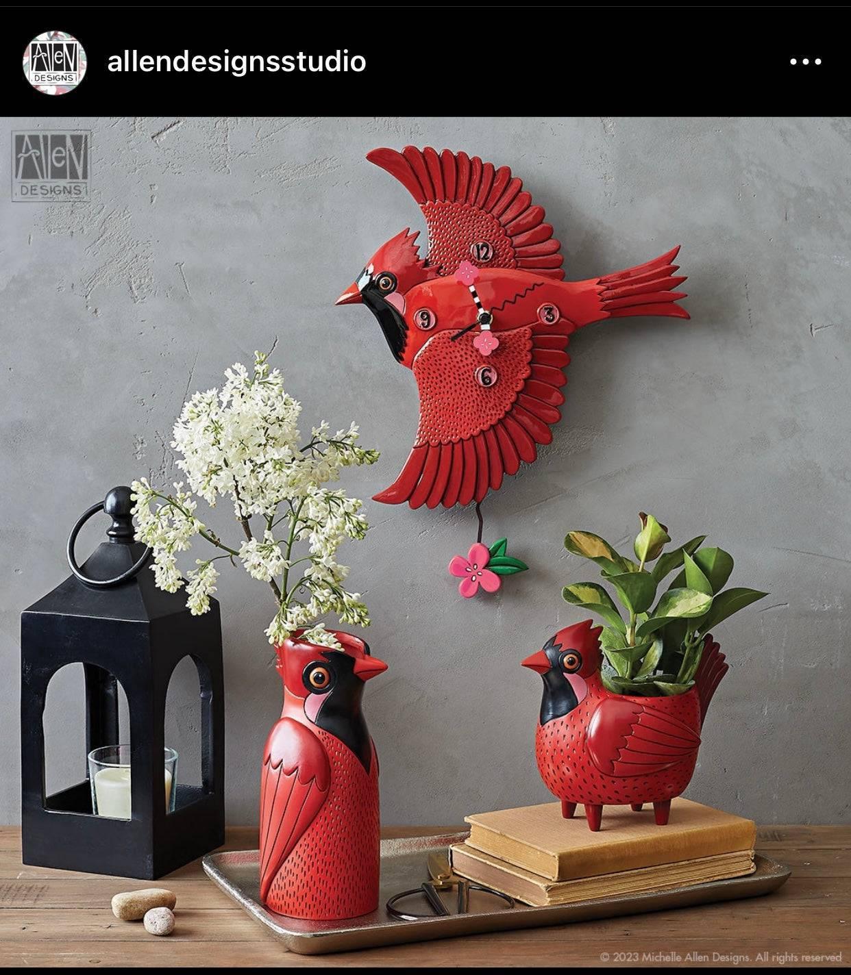 Clock Wall Bird Cardinal Red Funky Allen Designs Pendulum - The Renmy Store Homewares & Gifts