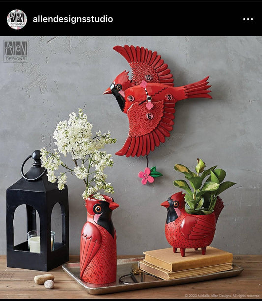Clock Wall Bird Cardinal Red Funky Allen Designs Pendulum - The Renmy Store Homewares & Gifts