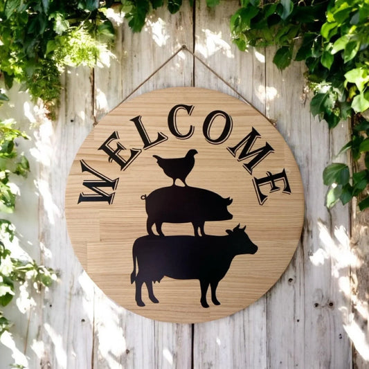 Welcome Farmhouse Chicken Pig Cow Wood Sign - The Renmy Store Homewares & Gifts