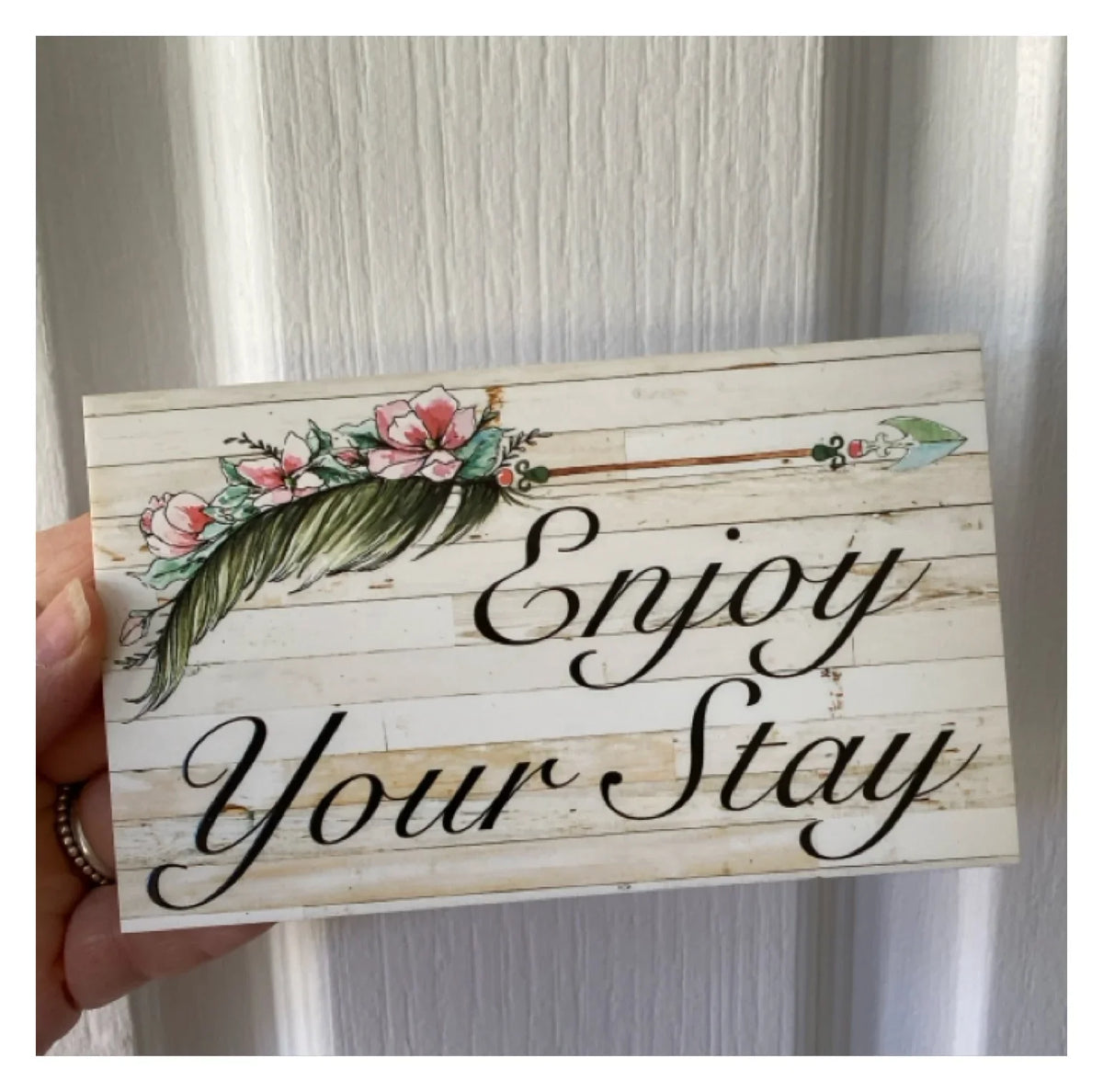 Boho Feather Flower Arrow Custom Acrylic Sign | Personalised Whitewash Timber Look Sign | Australian Made