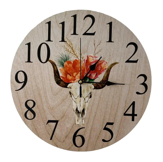 Clock Wall Wild West Cow Bull Skull Floral Aussie Made - The Renmy Store Homewares & Gifts
