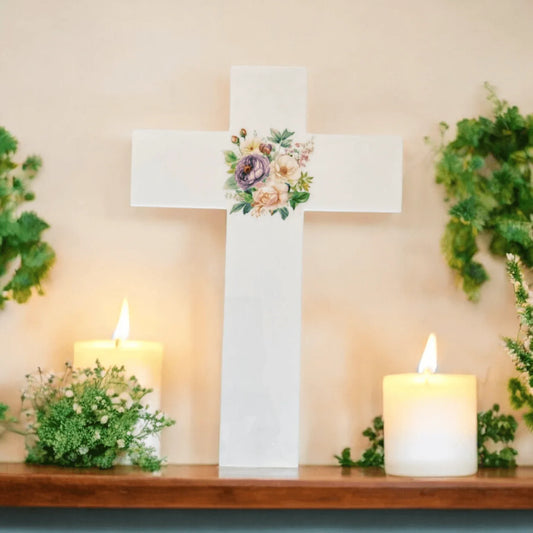 Cross Floral Cottage Mauve Home Garden Wall Decoration - The Renmy Store Homewares & Gifts