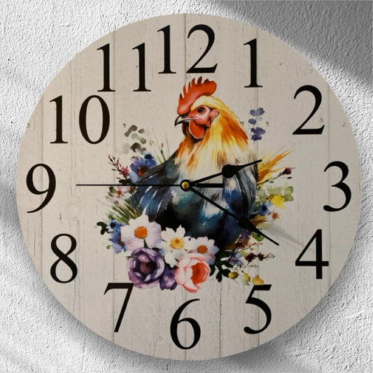 Clock Wall Chicken Hen Floral 30cm or 60cm Aussie Made