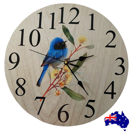 Clock Wall Blue Wren Superb Fairy-Wren Aussie Made | 30cm & 60cm Silent Wall Clock