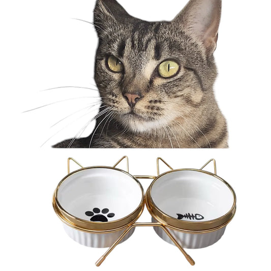 Cat Bowl with Stand Gold White - The Renmy Store Homewares & Gifts