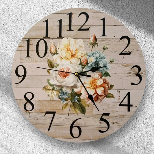 Clock Wall Floral Rose White Blue 30cm or 60cm Aussie Made - The Renmy Store Homewares & Gifts