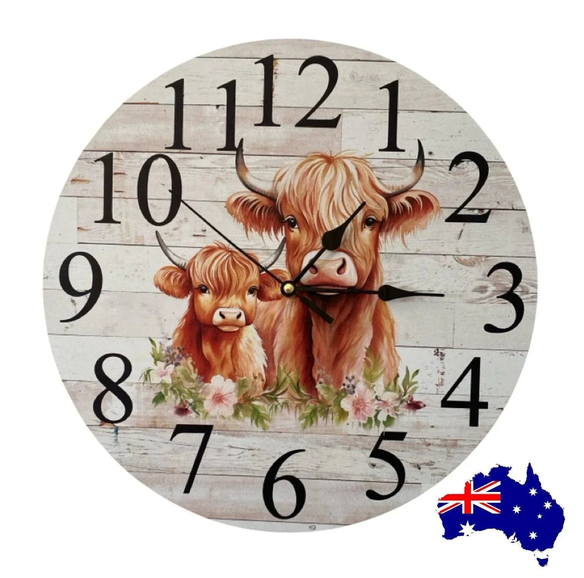 Clock Wall Large 60cm Cow Highland Mum Baby Aussie Made - The Renmy Store Homewares & Gifts