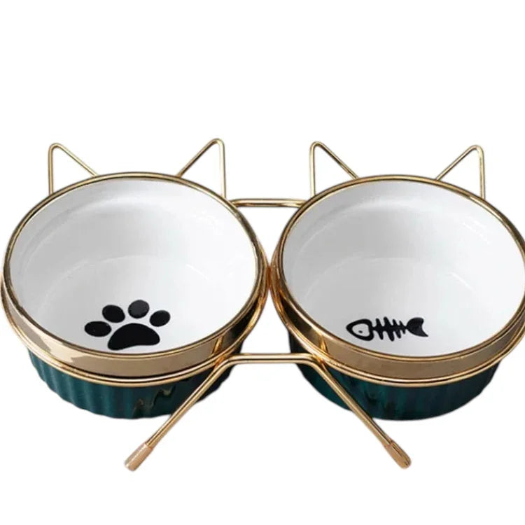 Cat Bowl with Stand Gold Green - The Renmy Store Homewares & Gifts