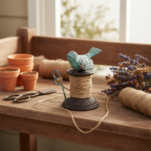 Blue Bird Vintage Cast Iron Twine Holder | Rustic Rope Dispenser | Farmhouse Garden Decor